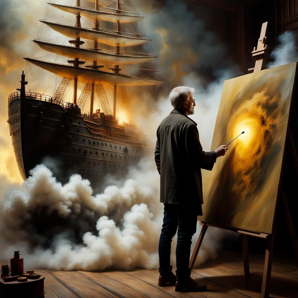 Ethereal Smoke Warship Oil Painting
