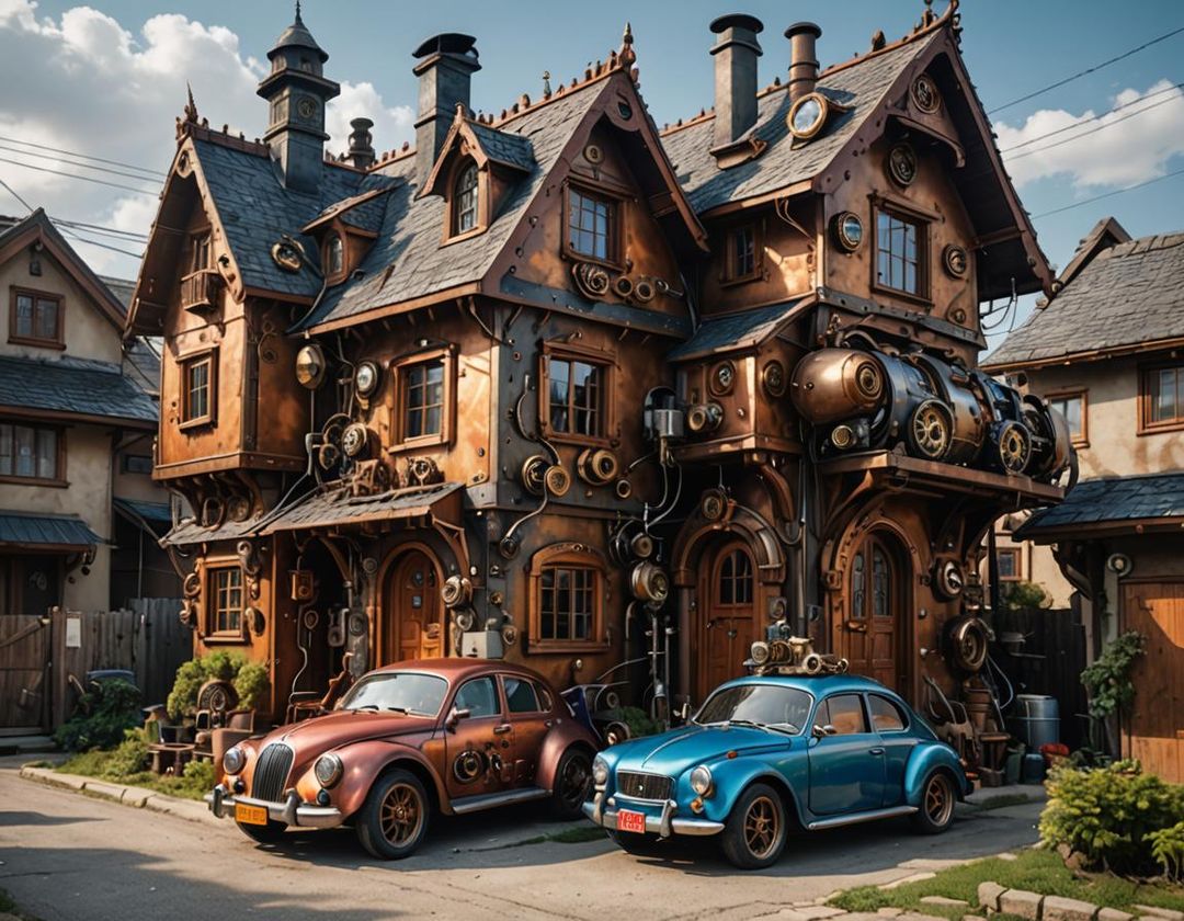 Car shaped house with steampunk adornments, in a village, sharp ...