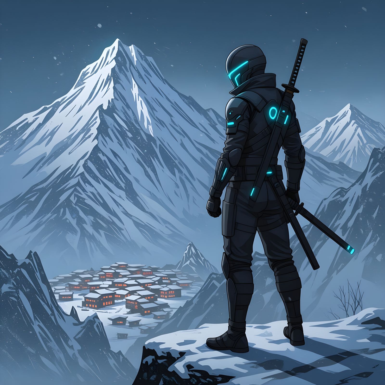 Cyberpunk Ninja on Snowy Peak, Cinematic Scene