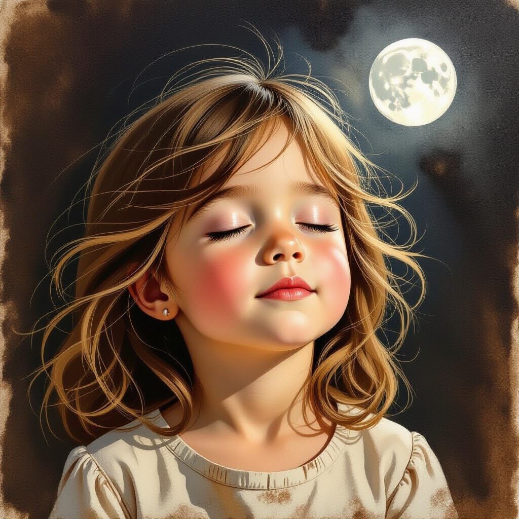 Girl Dreaming in Moonlight, Coffee Ink Portrait