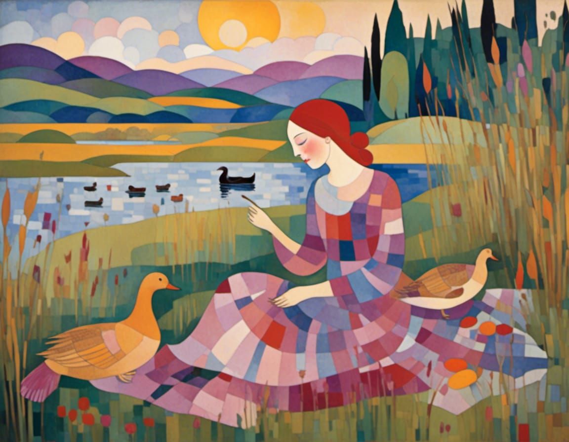 <lora:The Magic Loch:1.0> A woman says on a picnic blanket on the riverbank near the reeds enjoying the sunshine. Nearby the are ducks.