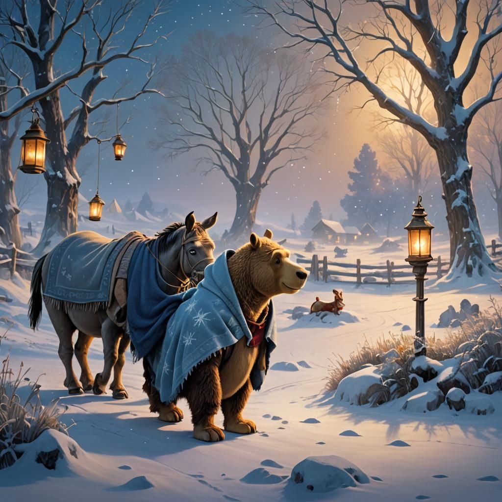 Pooh and Eeyore in Snowy Landscape