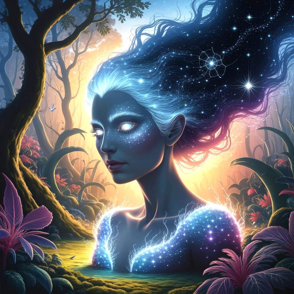 A majestic, ghostly woman's face made of pure starlight and eyes like distant galaxies in a forest of giant, glowing plants. The woman's hai...