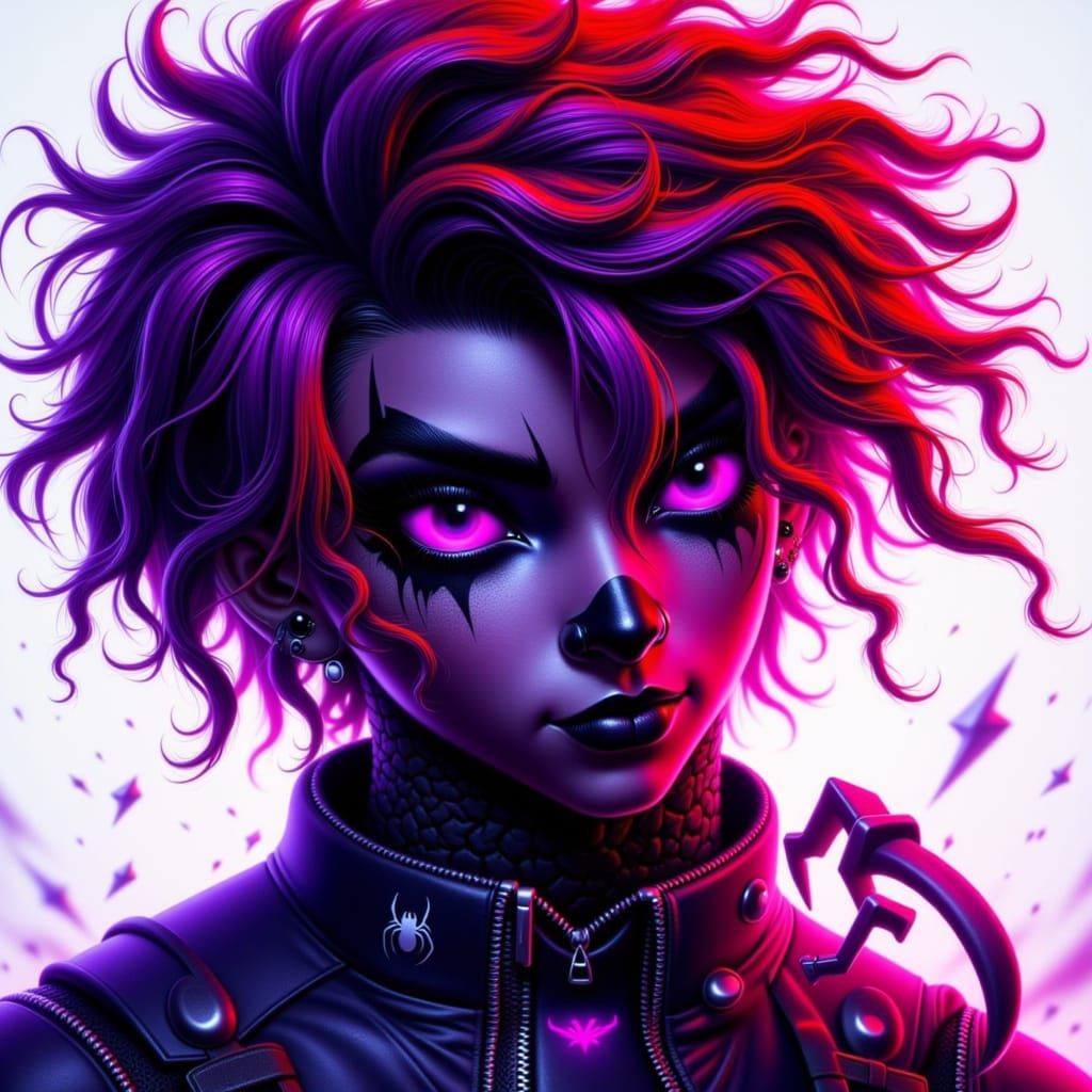 Young man with dark, light skin and striking red and purple dreaded hair, dyed tips resembling an electric gradient, wearing a sleek black a...