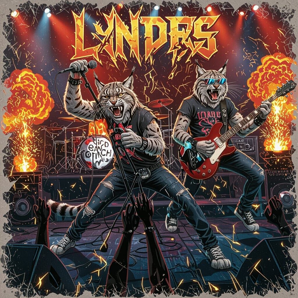 Digital illustration of a dynamic rock concert scene. Two cool lynxes as rock musicians performing energetically on a dark stage.

The lead ...