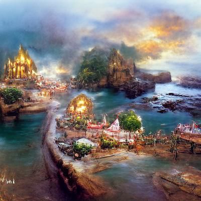 medieval bay of Surat concept art Thomas Kinkade