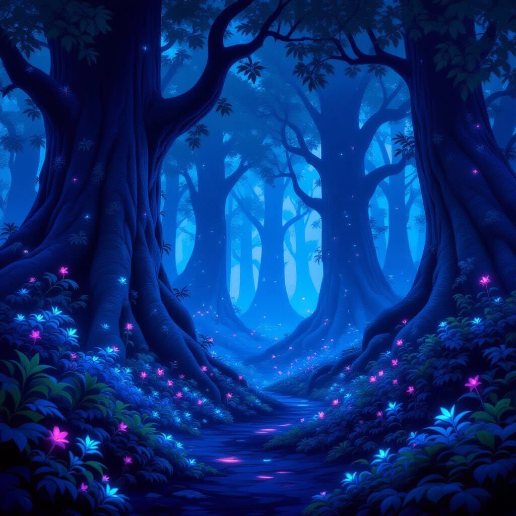 A majestic bioluminescent forest at twilight, with towering ancient trees intertwined with glowing flora and fauna. Ethereal wisps of light ...