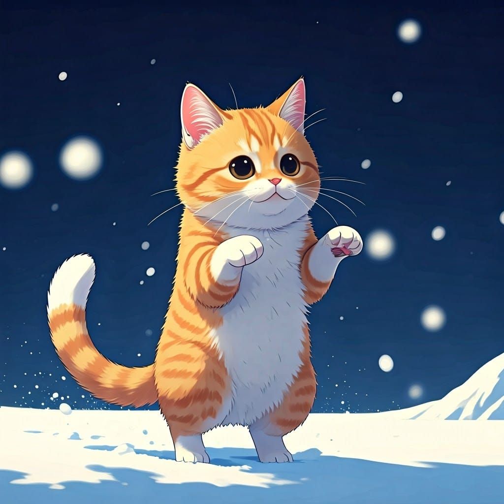 Vibrant Kawaii Cat Leaps in Snowy Wonderland