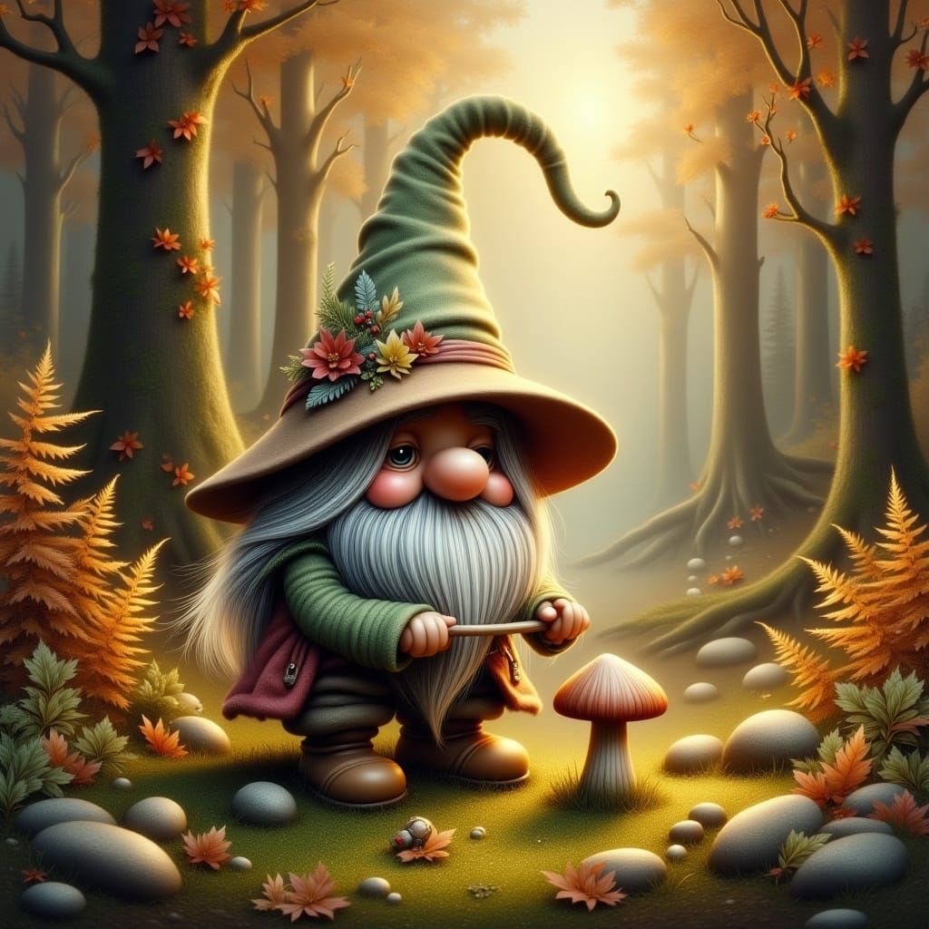 <lora:Scandic Gnomes:1.0><lora: nordic gnome collecting mushrooms in the autumn forest whimsical photorealistic hyperdetailed 3D glossy oil...