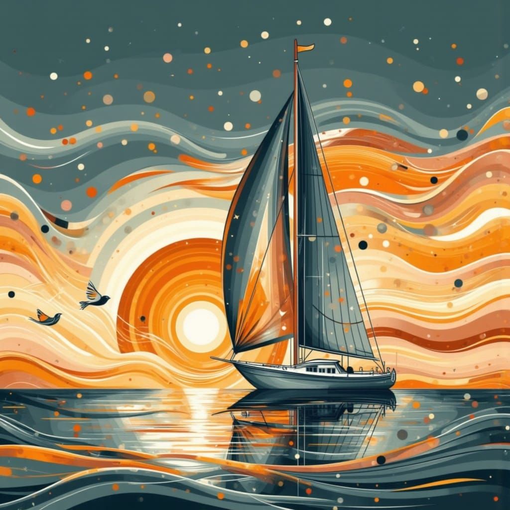 Silver yacht sails against a giant orange setting sun, zoom lens, duotone, modernist concept art, brush strokes <lora:Earth and bricks:1.0> 