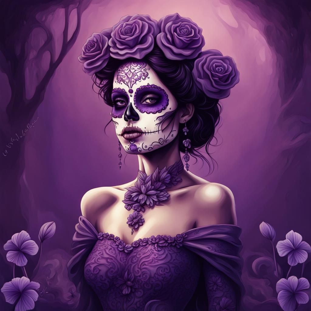 Purple Sugar Skull Lady With Violets - Ai Generated Artwork - Nightcafe 