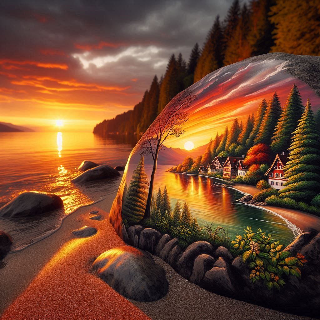 Sunset Scenery painted with vibrant colours on a beautiful r...