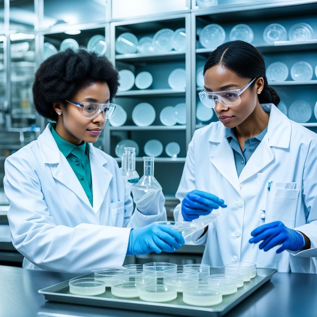 scientists wearing white coats and looking at agar plates AI