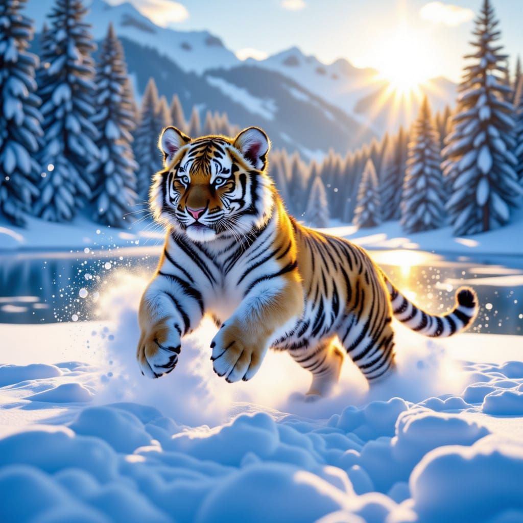 Tiger at lake during winter snowfall having fun in the snow <lora:Snow Tiger:1.0>