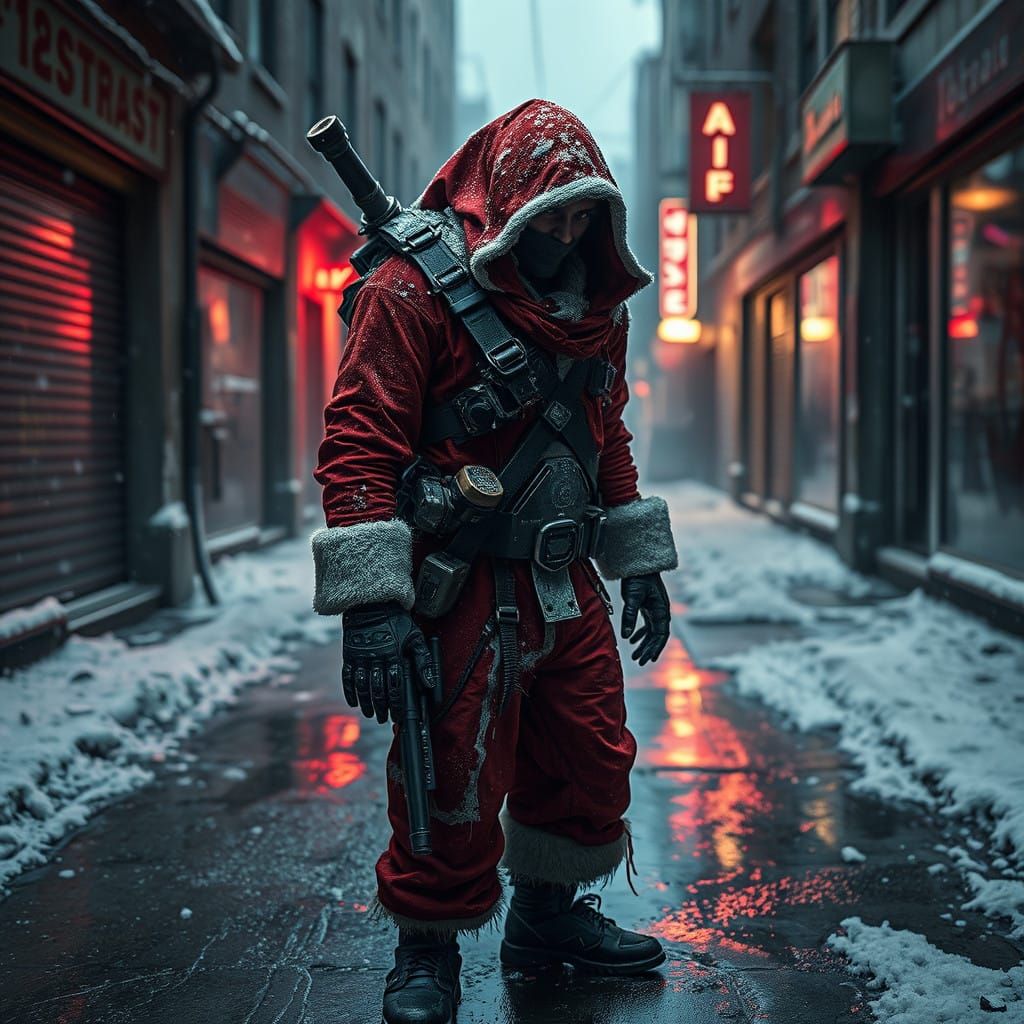 Cyborg Assassin in Crimson Santa Claus Suit in Post-Apocalyp...