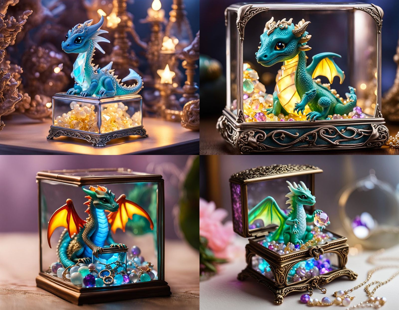 A cute miniature baby dragon sitting in a glass jewelry box ...