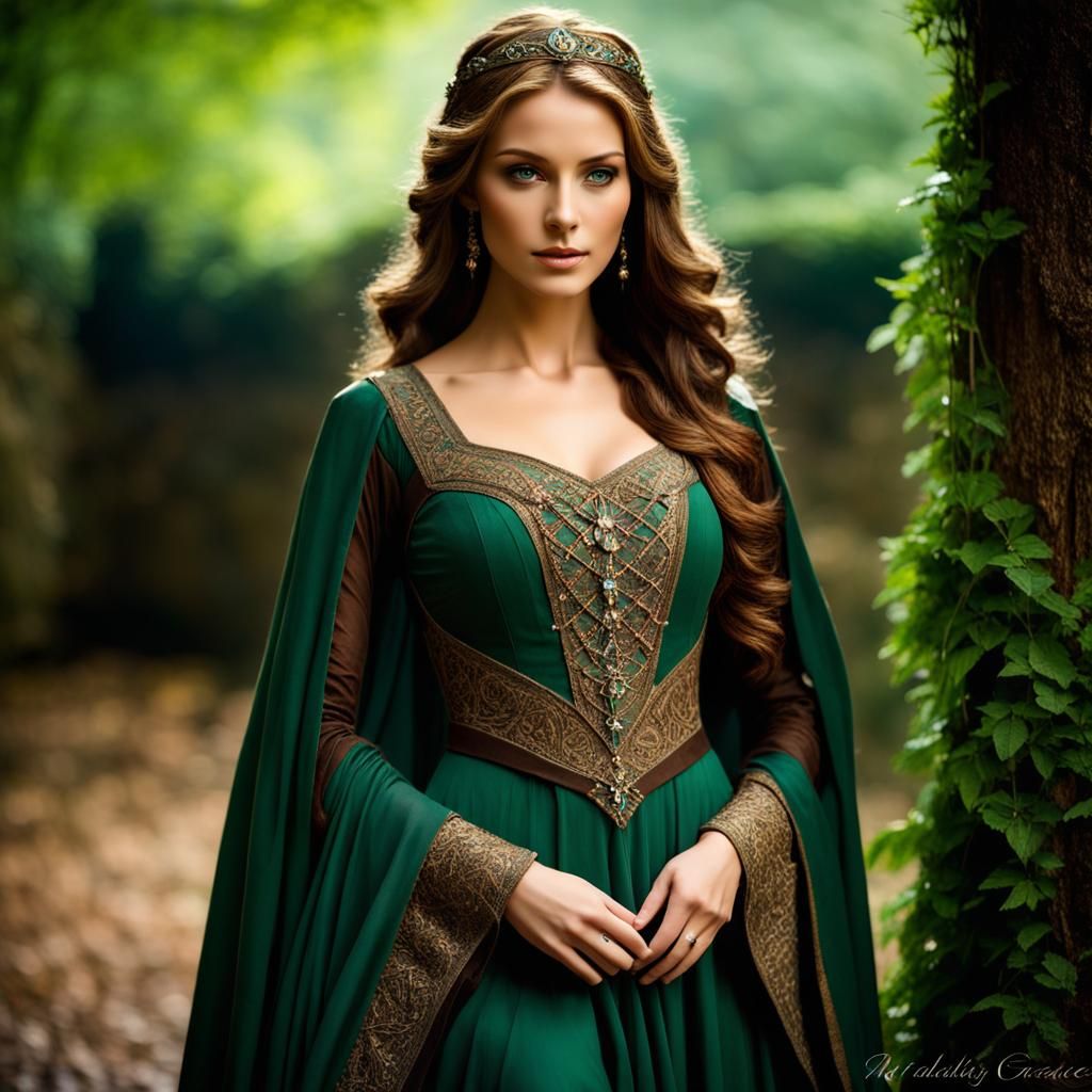 Medieval courtyard, noble beautiful woman, beautiful face, beautiful ...