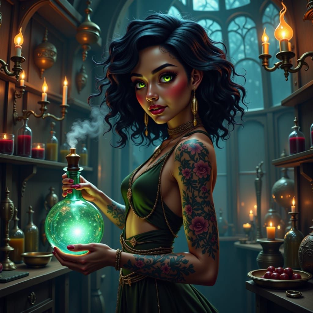 A pretty young modern woman with curly black hair, big sparkly green eyes, wearing a chic outfit with avant-garde sleeves, vibrant tattoos o...