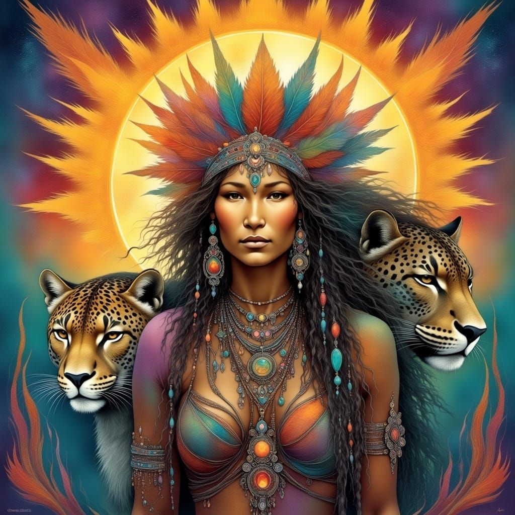 <lora:Archetypal Images:1.0> A woman and a jaguar in front of a large ornate detailed sun with halos and runes