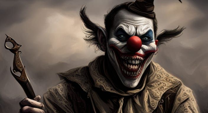 create a creepy clown in a medieval jester's costume, with fangs for ...