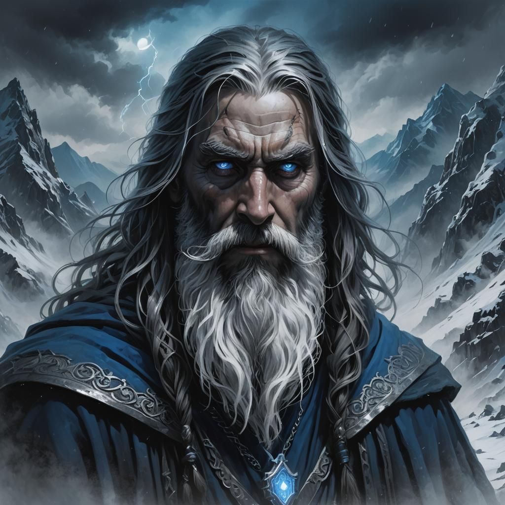 Menacing Wizard on Snowy Mountain in Fantasy Style