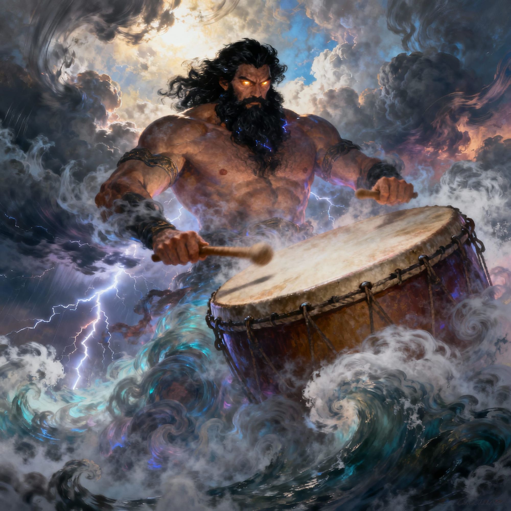 A colossal god with a powerful, muscular torso and arms, a thick black beard, and eyes glowing with energy. His legs are wrapped in swirling...