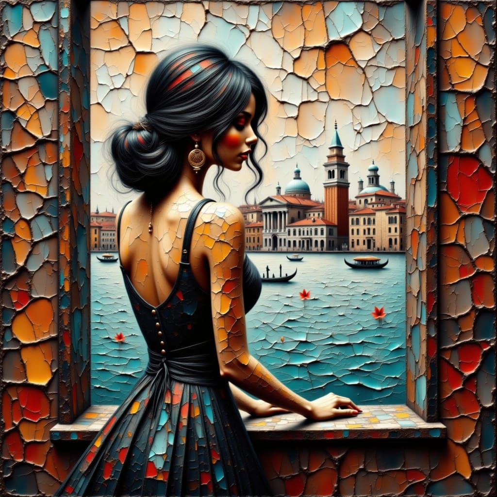 <lora:Cracked Impasto:1.0>  with a Venice skyline visible through a window behind her. The art is presented on cracked paper, featuring a mi...