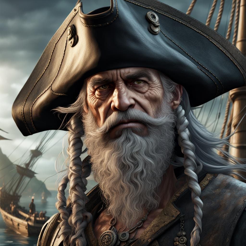 pirate with eyepatch with a black and grey beard, old man, dirty face ...