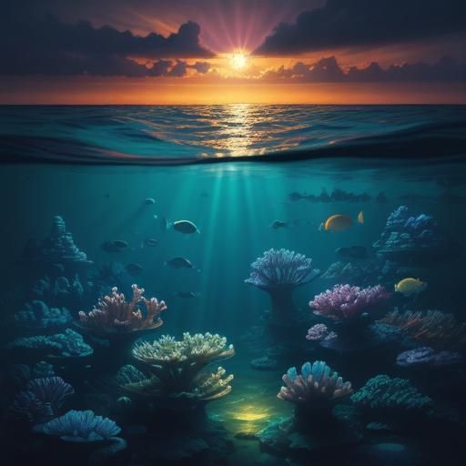 Underwater cityscape at dusk with bioluminescent creatures s...