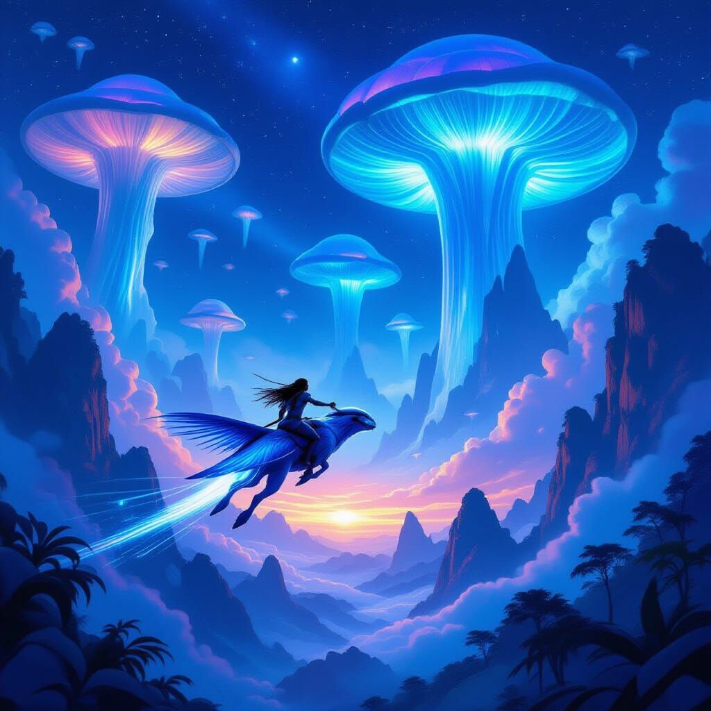 Reimagined movie poster for 'Avatar': Jake Sully, as a Na'vi, is shown soaring through the Pandora night sky on a Banshee, but the floating ...