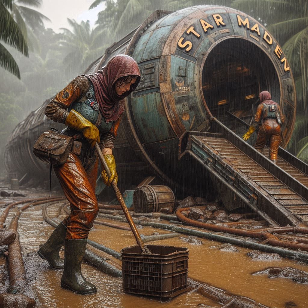 A few tired female workers are cleaning the exit ramp of an ...