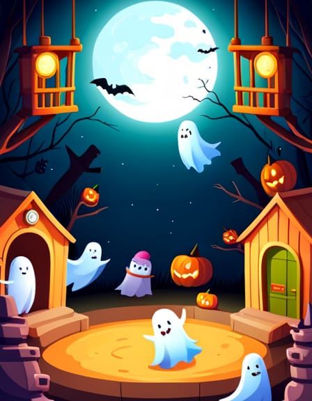 a cute illustration, cute ghosts playing in a playfield at night, cute ...