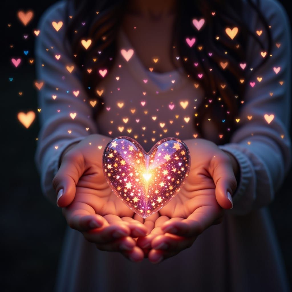 <lora:Holding a Heart:1.0> woman holding a glowing heart shimmering colors glowing heart in hands bokeh sparkles hearts glowing