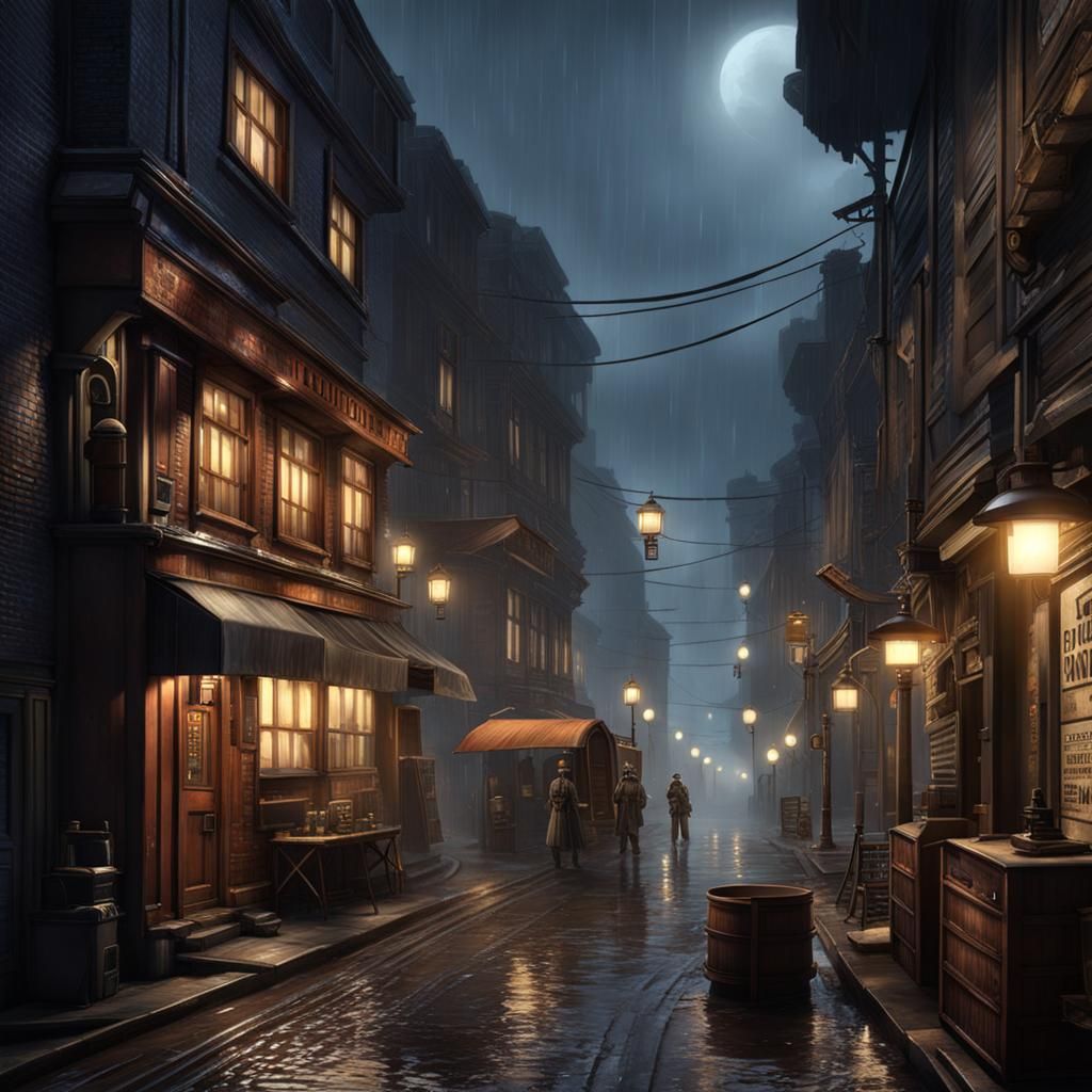 dieselpunk small street at rainy night robots and human a lot details ...