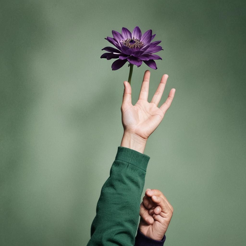 A blurred hand reaching upwards for a beautiful flower rende...