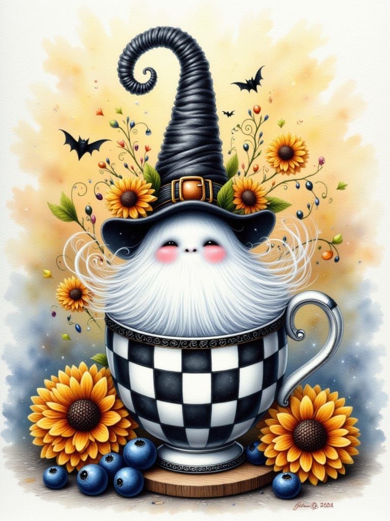 a large teacup in a black and white checkerboard pattern, inside the teacup is a whimsical ghost wearing a black and white tall witch’s hat,...