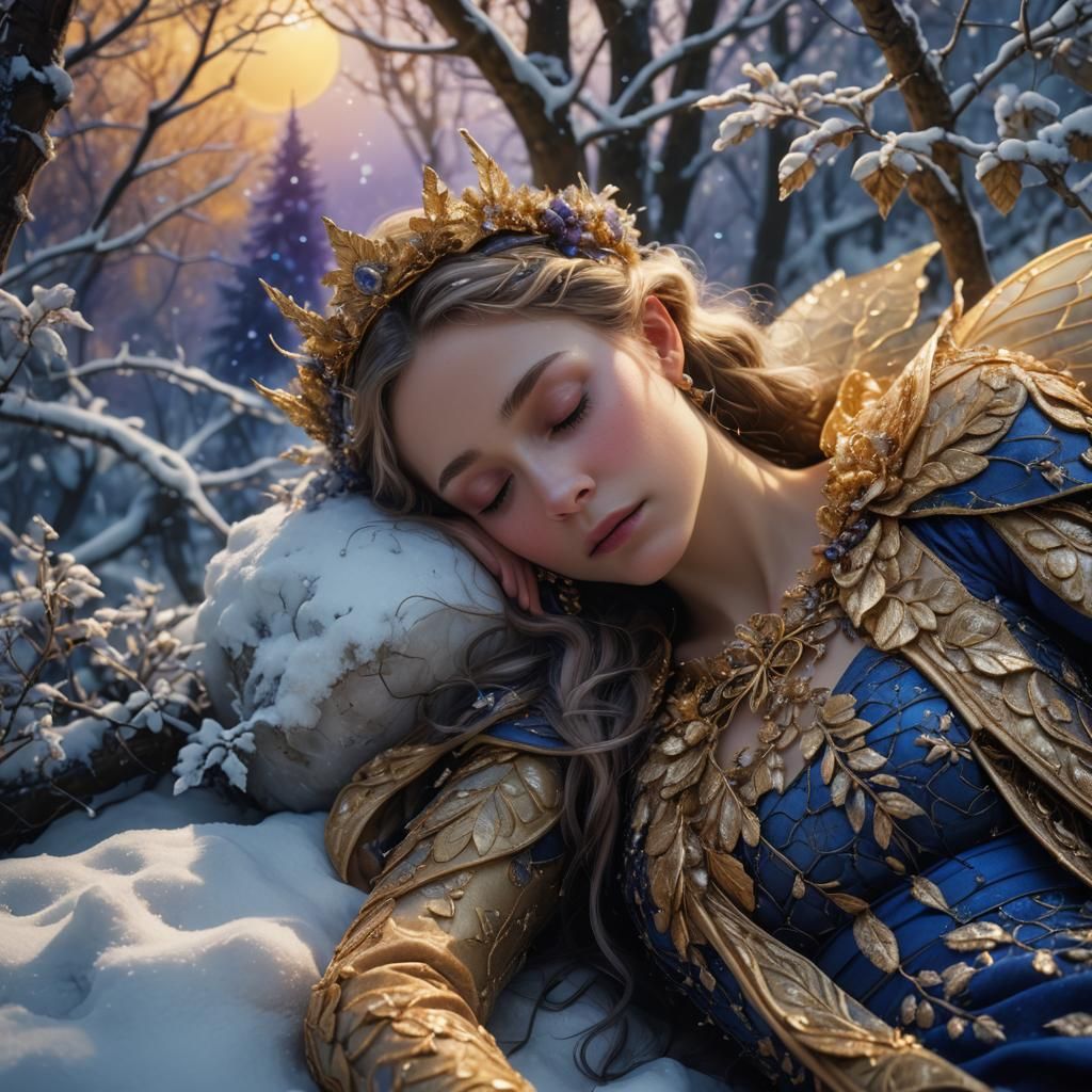 雪景色の中で眠る妖精女王