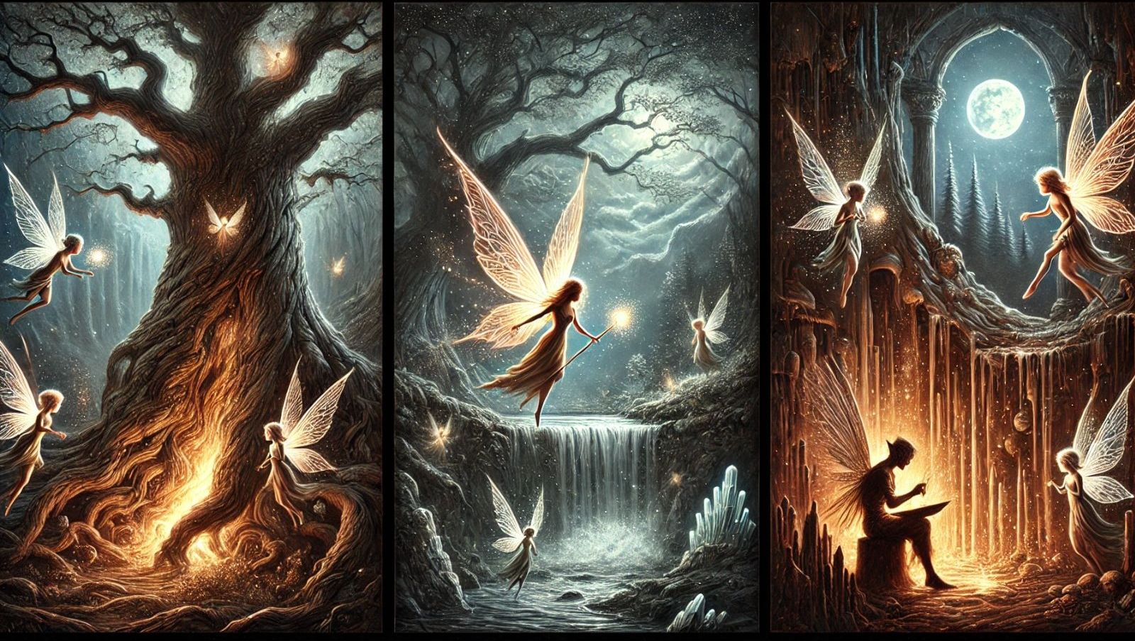 Triptych, featuring the three scenes of fairies