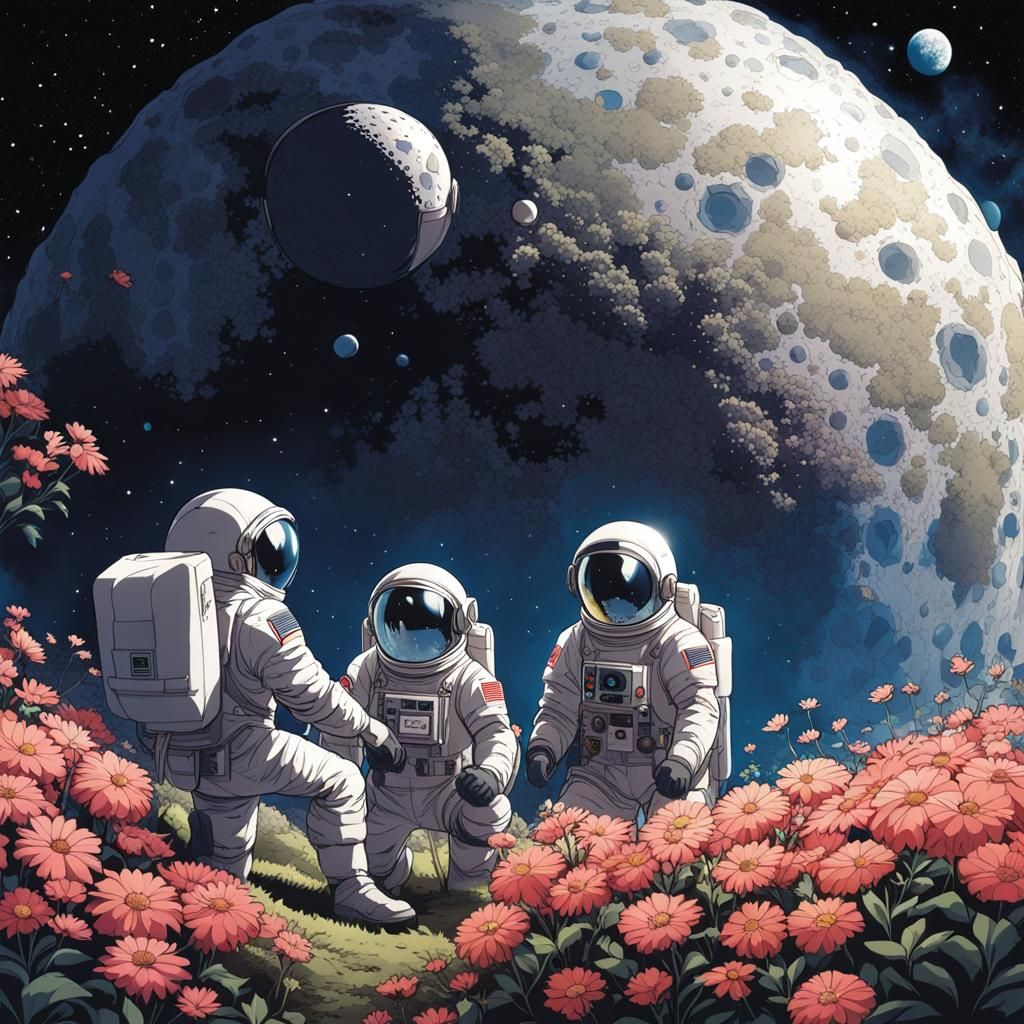 Three men in spacesuits tending to the flowers in a geodesic...