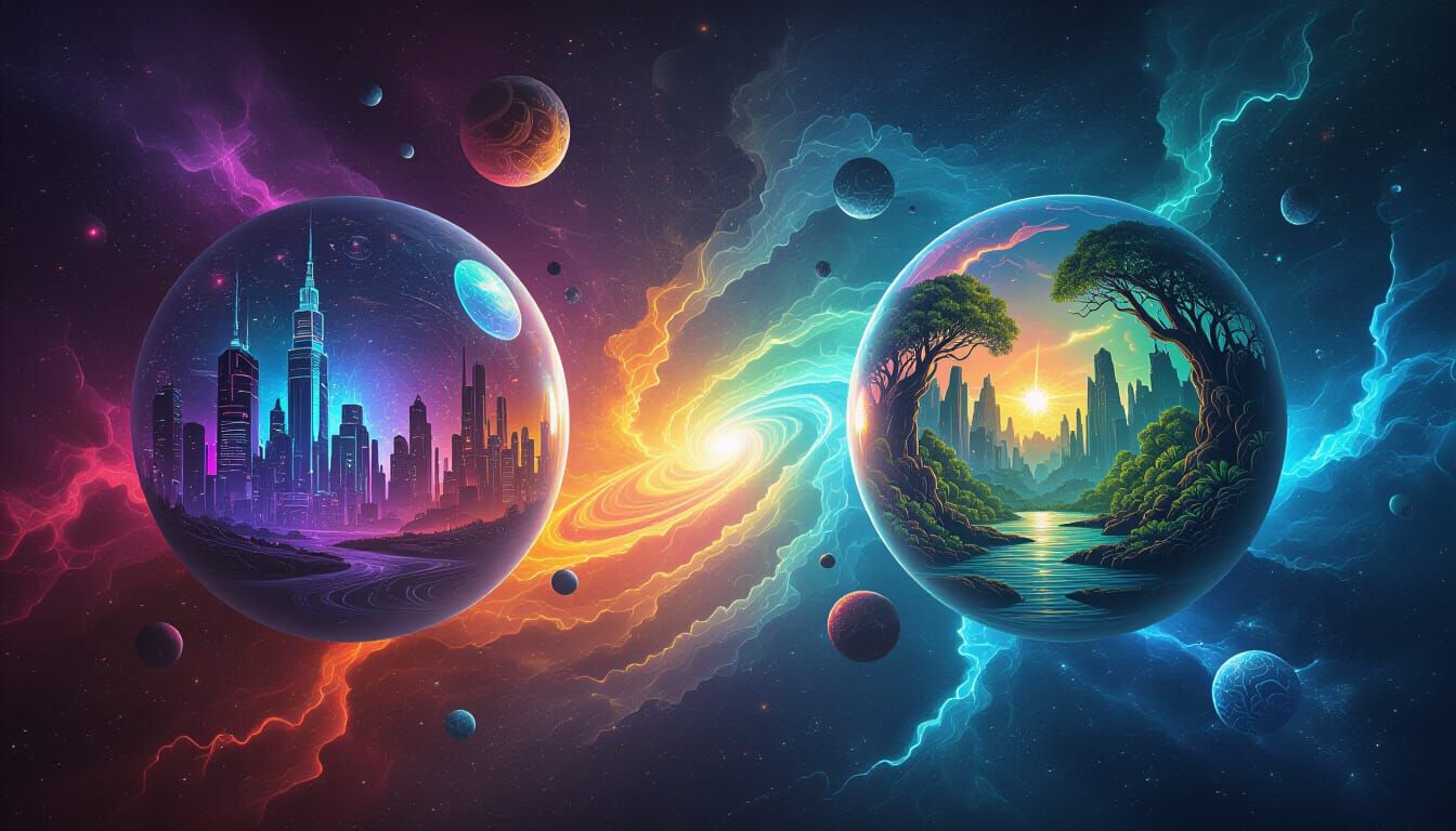 “A breathtaking cosmic scene of multiple universes colliding and merging into one. Each universe is represented as a distinct world or bubbl...