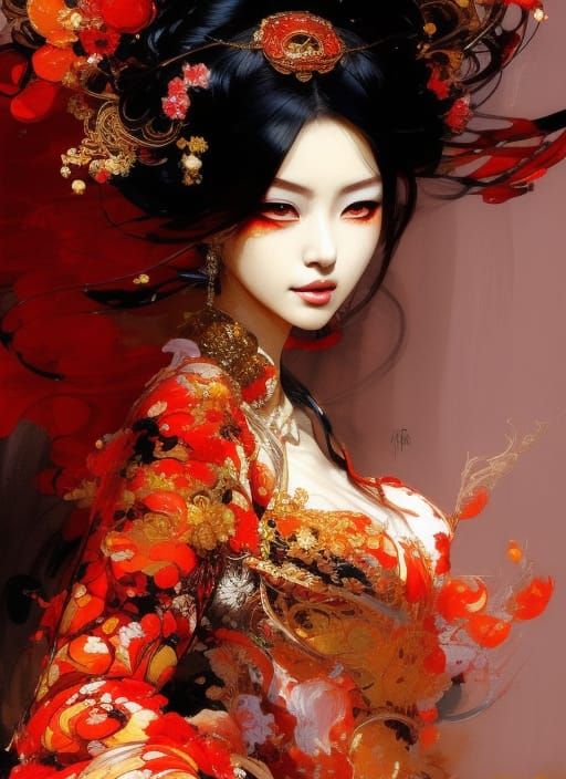 Burning Geisha Portrait in Fantasycore Style