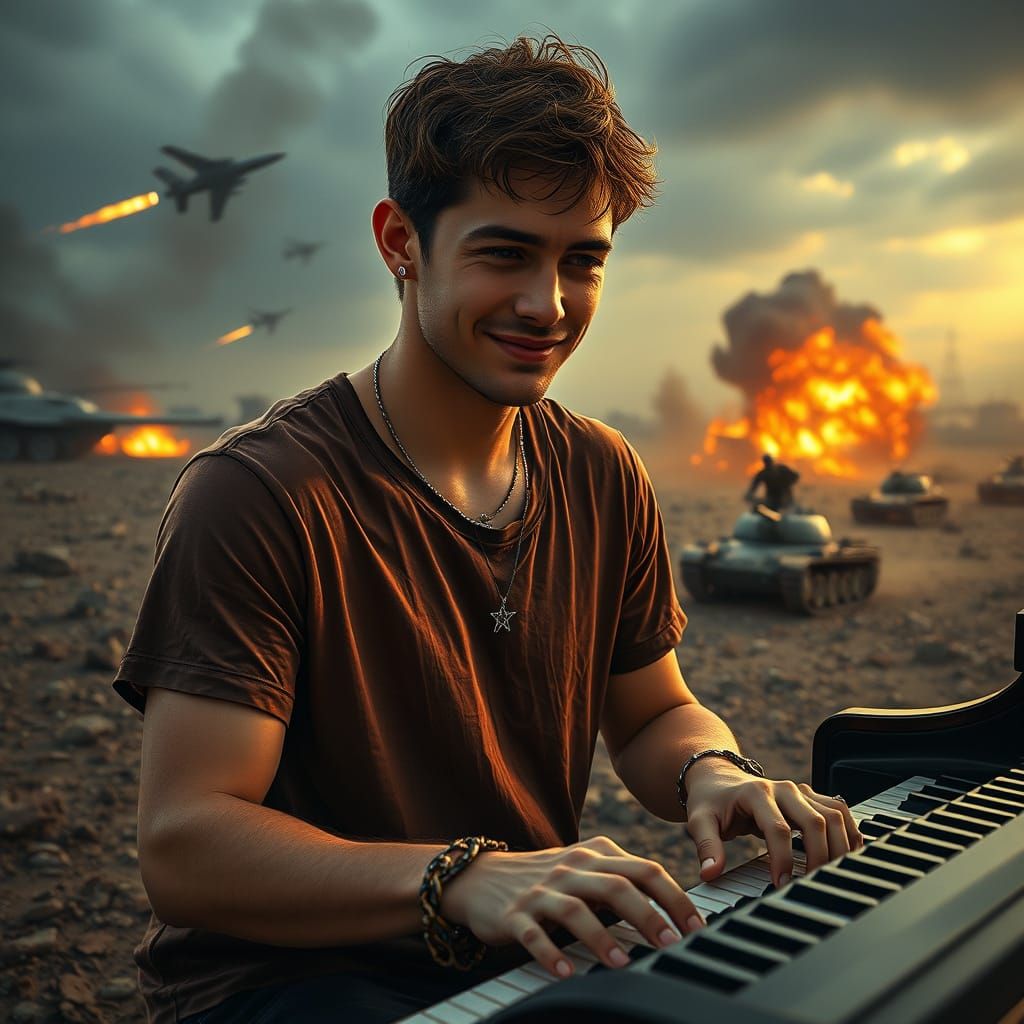 Man Plays Piano on Battlefield: Cinematic Digital Art