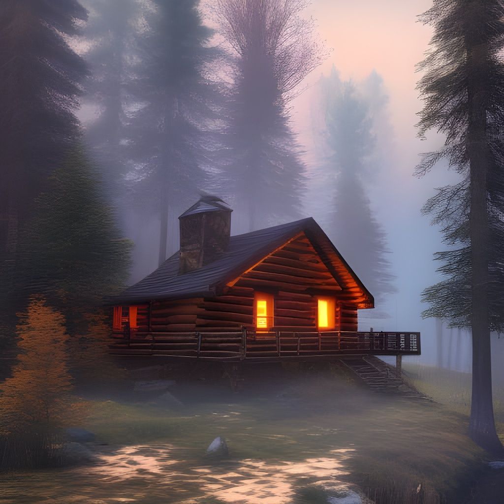 The cozy log cabin in the forest of the mountains, misty early morning