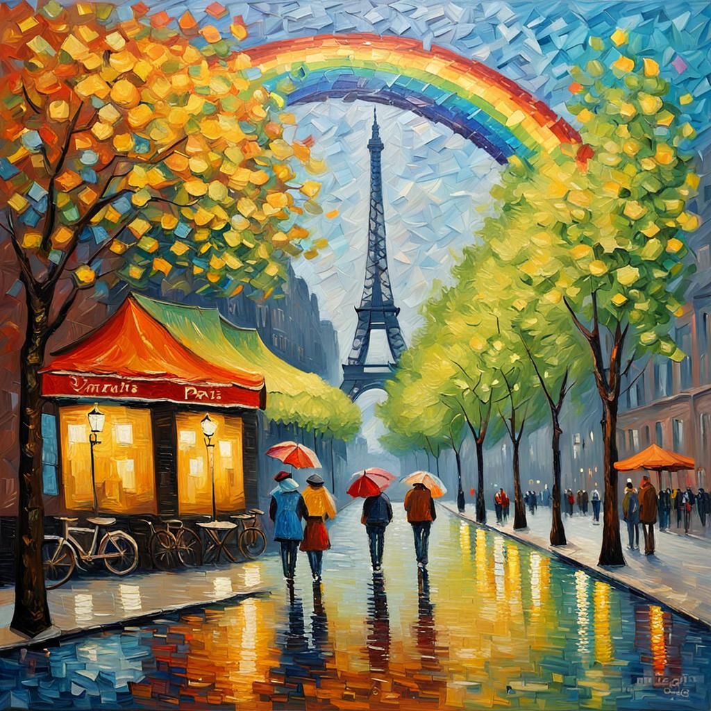 A highly texturized, impasto thick palate knife painting of springtime in Paris on the street and a rainbow ...  by @Leland Lewis