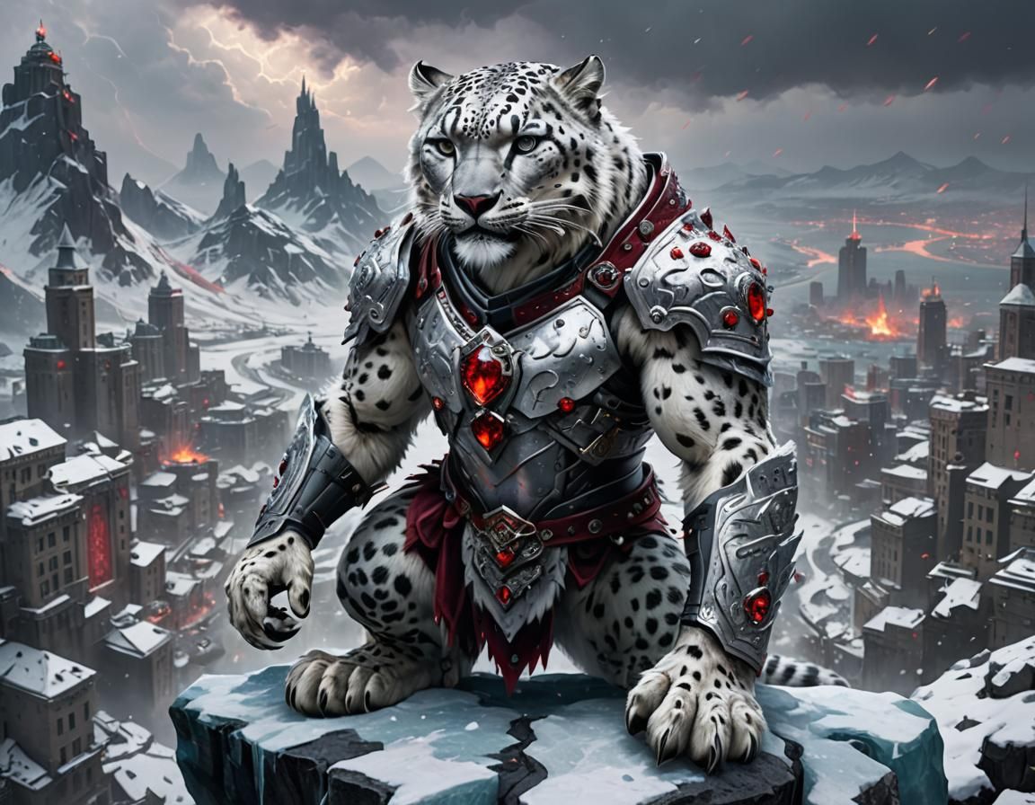 Snow Leopard Warrior Overlooking Frozen City