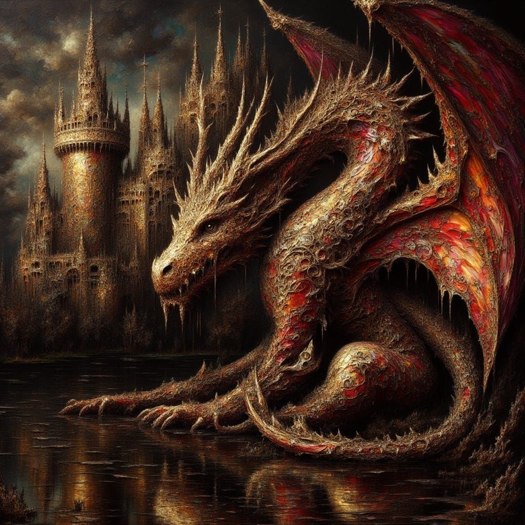 <lora:Impax v2:1.0>oil impasto golden dragon in the magic castle  , by Sarah Moon , Bill Henson, Masahisa Fukase, Nicola Samori , Zdzislaw B...