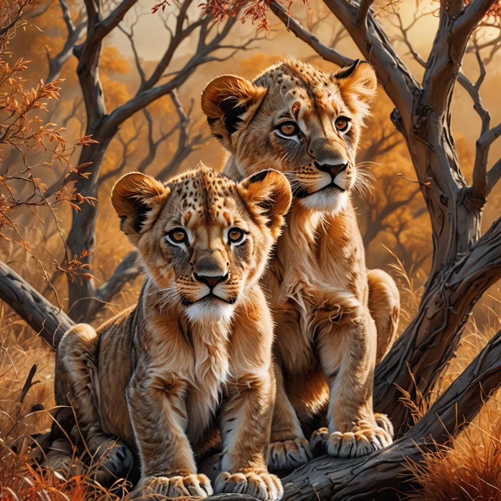 Lion Cubs in Dreamlike Savannah: Matte Painting