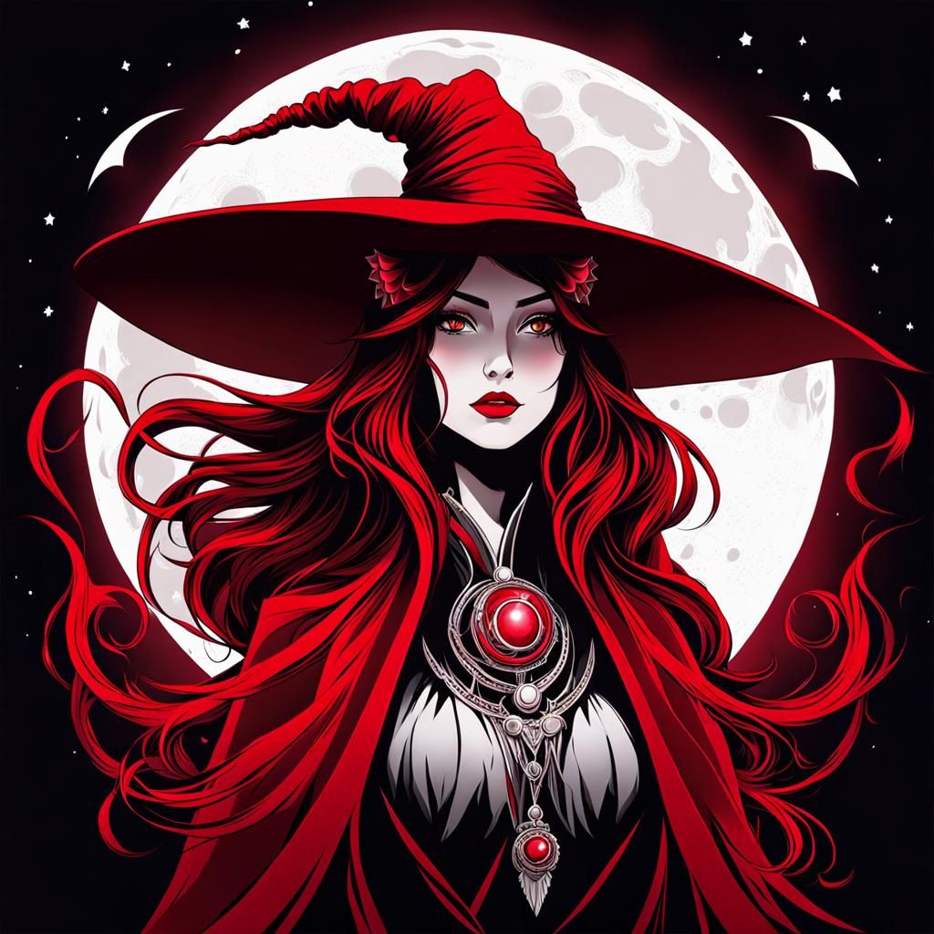 Moon witch of blood contrasting colors lots of (red hue and white:1.3 ...