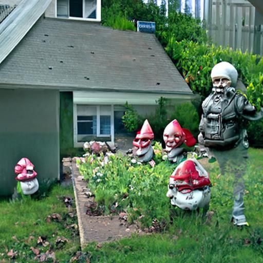 Psychopathic garden gnomes surround home.