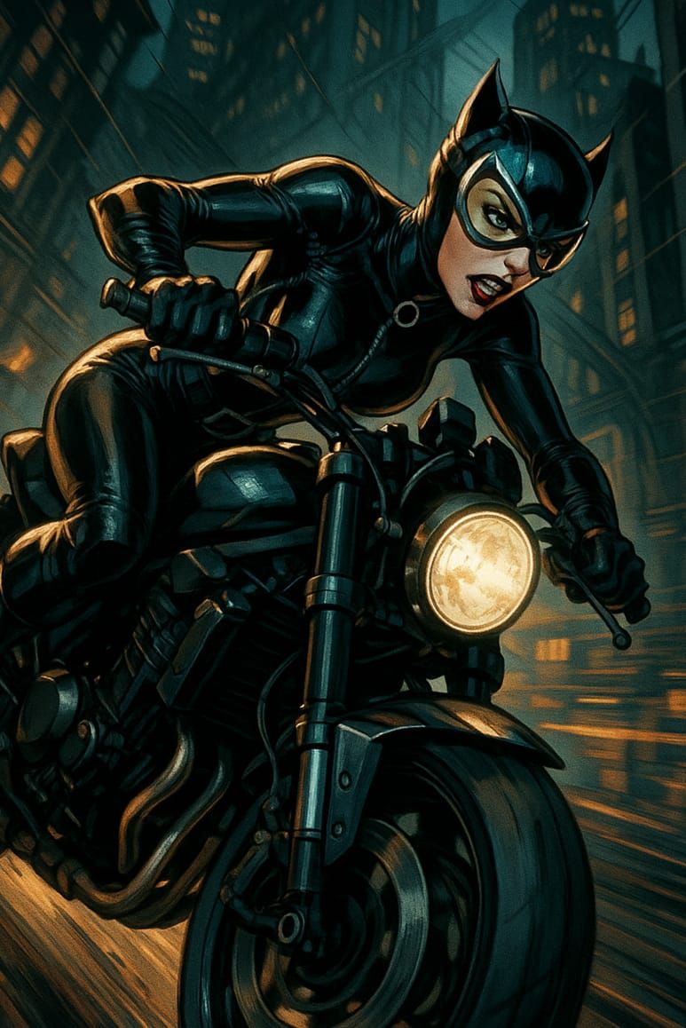 Catwoman on a motorbike